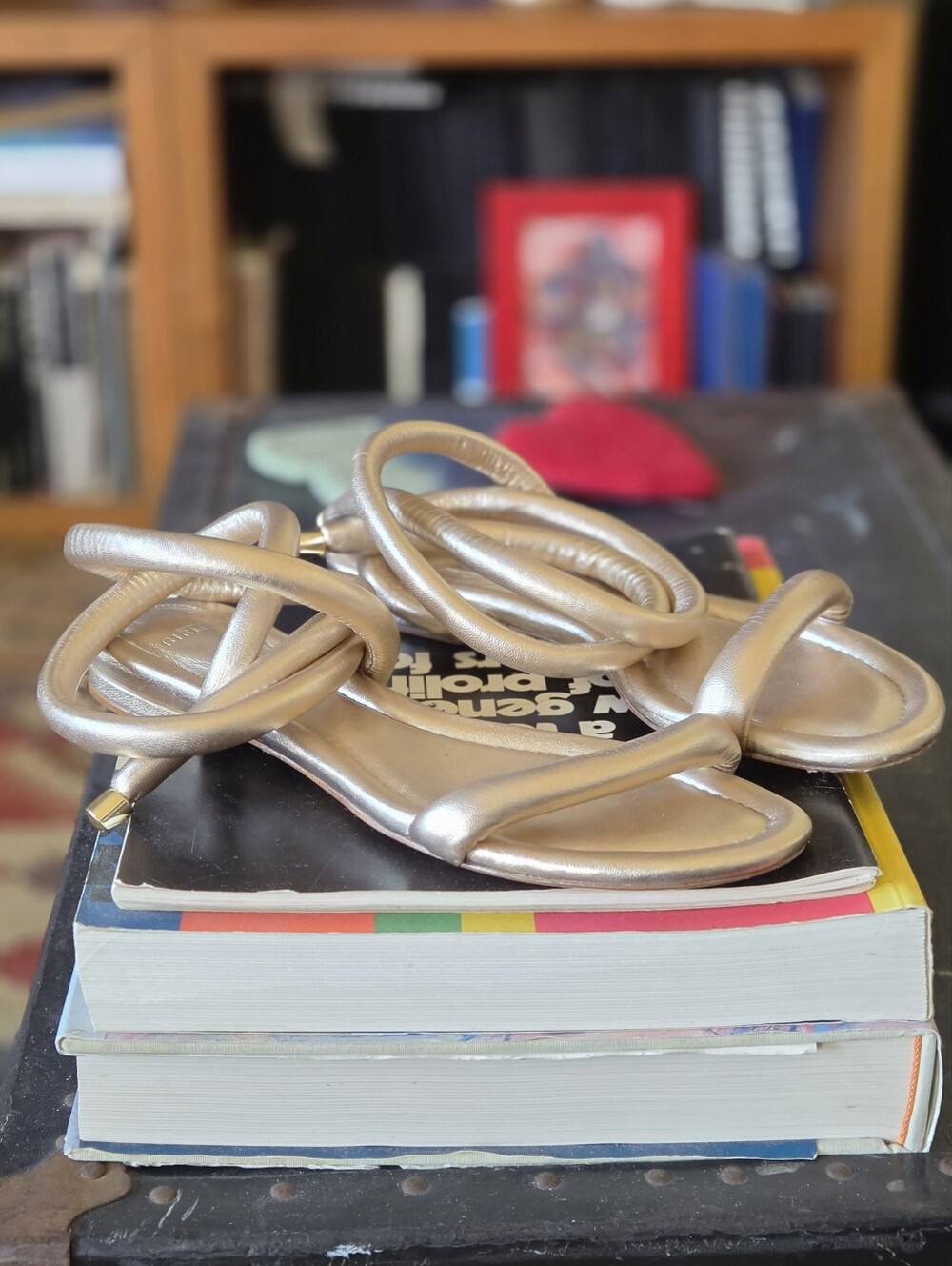 Alexandre Birman Metallic Gold Puffy Ankle Wrap Flat Sandals
